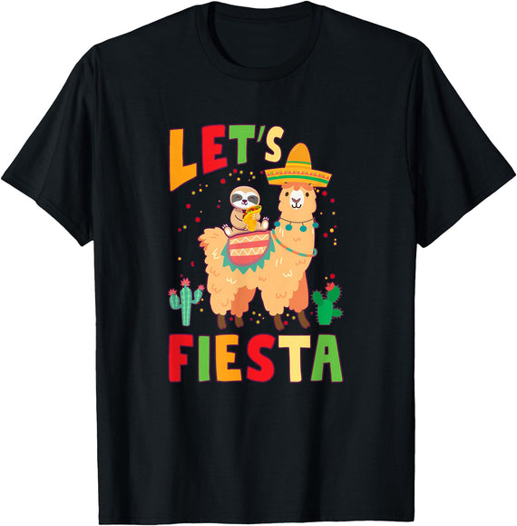 Funny Sloth And Llama Let's Fiesta Cinco De Mayo Sloth And Llama Let's Fiesta Cinco De Mayo Mexican Party T-Shirt - Black