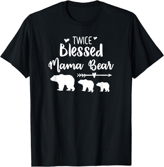 My Tribe Bear Shirts Twice Blessed Mama Bear With Two Baby Cubs Bear Shirt T-Shirt - Black