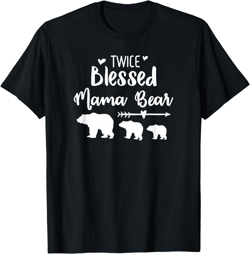 My Tribe Bear Shirts Twice Blessed Mama Bear With Two Baby Cubs Bear Shirt T-Shirt - Black
