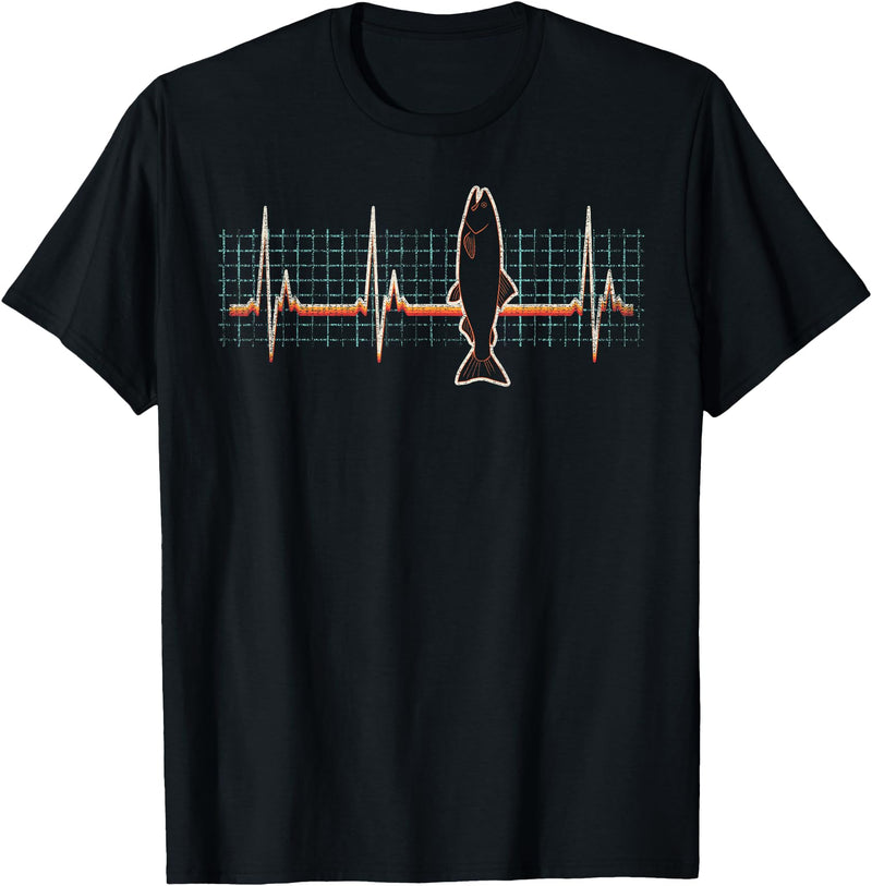 Salmon Fishing Heartbeat Retro Vintage 80s Gift Salmon Fish Retro Heartbeat Vintage 80s Style Gift T-Shirt - Black