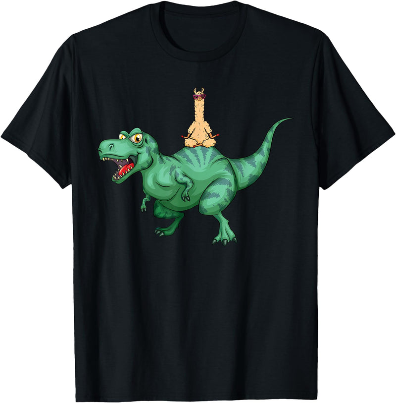 cute funny Llama Gifts and more Alpaca Llama riding Dinosaur T-Rex T-Shirt - Black
