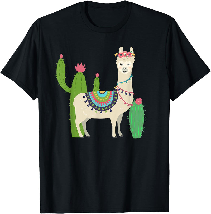 Captivaca Llama Shirts Cute Llama with Flower & Cactus/Llama Lover Gift T-Shirt Small - Black