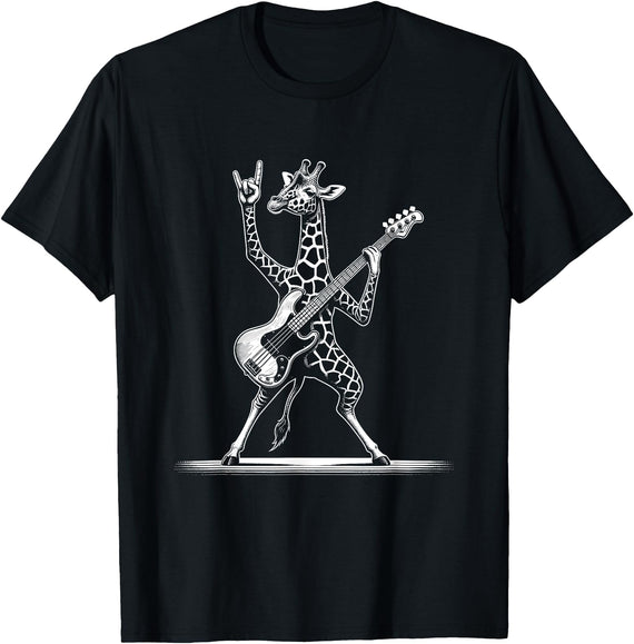 Funny Guitar Giraffe Lovers Costume for Guitarist Rock n Roll Giraffe Playing Guitar Funny Mens Womens Giraffe T-Shirt - Black