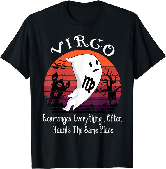 Ghost Zodiac Horoscope Virgo Halloween Costume Retro Ghost Zodiac Sign Virgo Funny Halloween Costume T-Shirt - Black