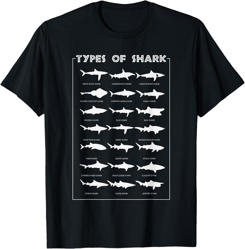 I Love Sharks Design T-Shirts 360 21 Types of Shark | Marine Biology Gift T-Shirt - Black