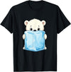 Cute Arctic Polar Bear With Ice Cube Kawaii Baby Polar Bear Holding Ice Cube Cartoon T-Shirt - Black