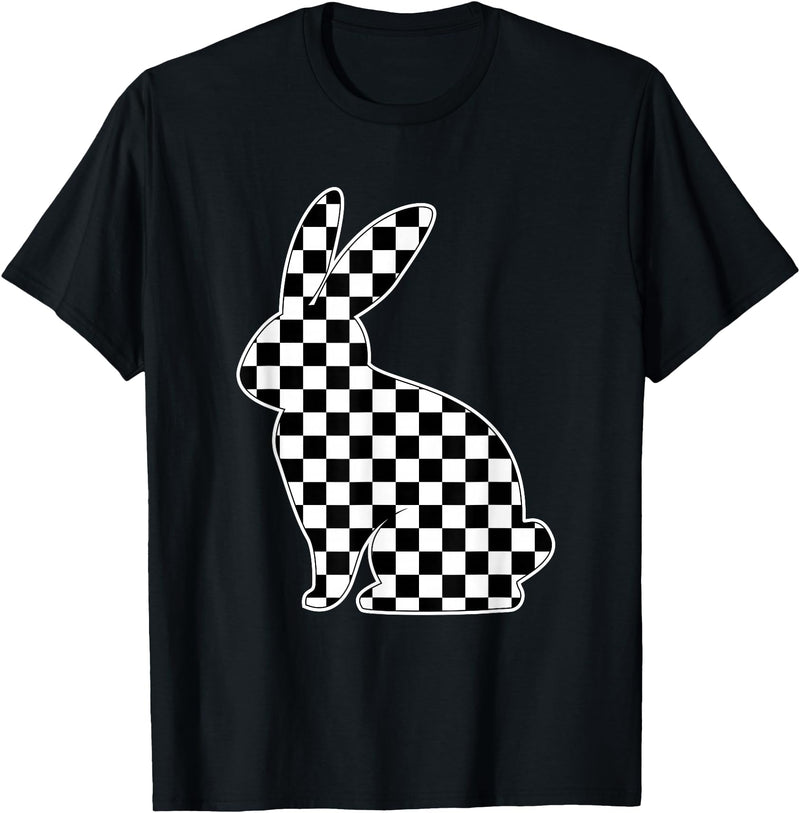 Retro Black White Checkerboard Rabbit Easter Bunny for Tween T-Shirt in Black