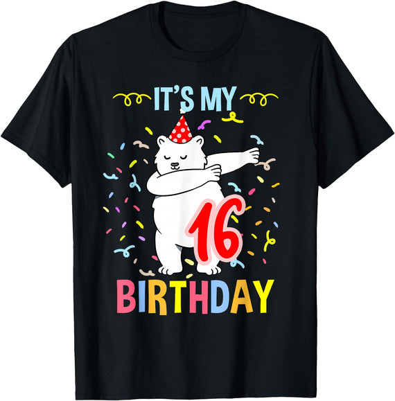 Hiking Lover Design Its My 16th Birthday Dabbing Polar Bear T-Shirt - Black