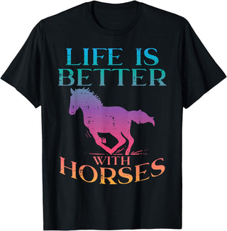 Horse Riding Shirts Women Girls Equestrian Gifts Life Is Better With Horses Rider Equestrian Men Women T-Shirt - Black