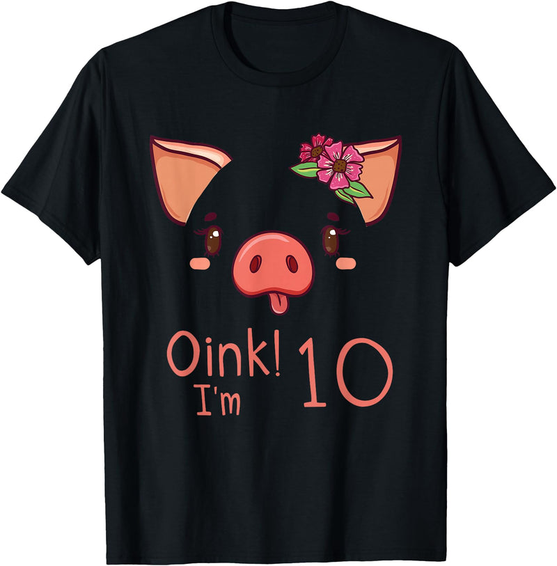 Girls Cute Pig Birthday Designs Co. 10th Birthday Pig Outfit Pig Face Gift 10 year old Girl Boy T-Shirt - Black