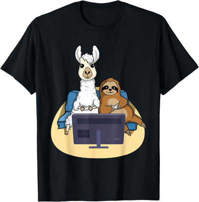 Funny Llama Shirts Sloth And Llama Gamer - Zookeeper Zoo Animal Lovers T-Shirt