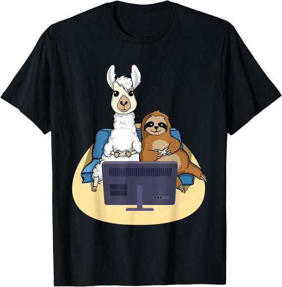 Funny Llama Shirts Sloth And Llama Gamer - Zookeeper Zoo Animal Lovers T-Shirt - Black