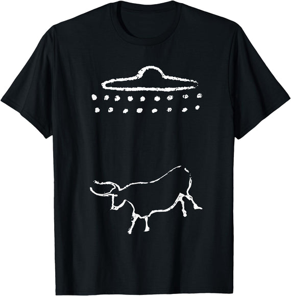 Barnum's Boutique Tees Funny Cow or Steer UFO Alien Ancient Cave Painting T-Shirt T-Shirt - Black