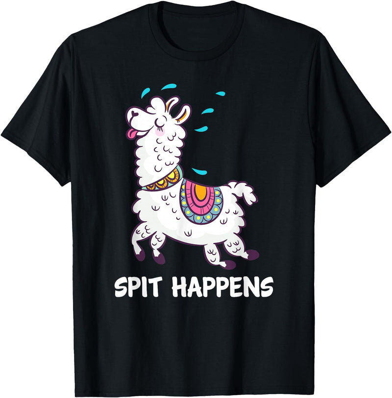 Funny Llama Pun by DSMD Spit Happens Llama Alpaca Lovers Funny Animal Pun T-Shirt - Black