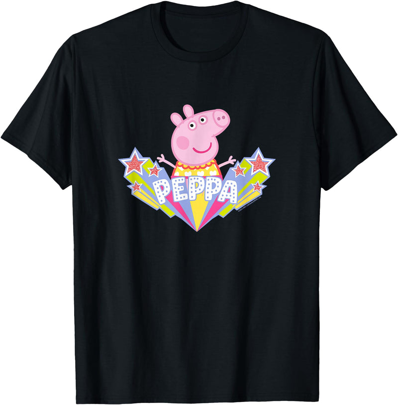 Peppa Pig Shooting Stars Cute Retro Logo T-Shirt - Black
