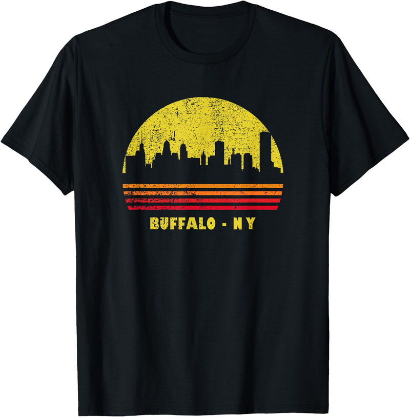 Wowsome! Vintage Retro Sunset Buffalo NY Skyline T-Shirt - Black