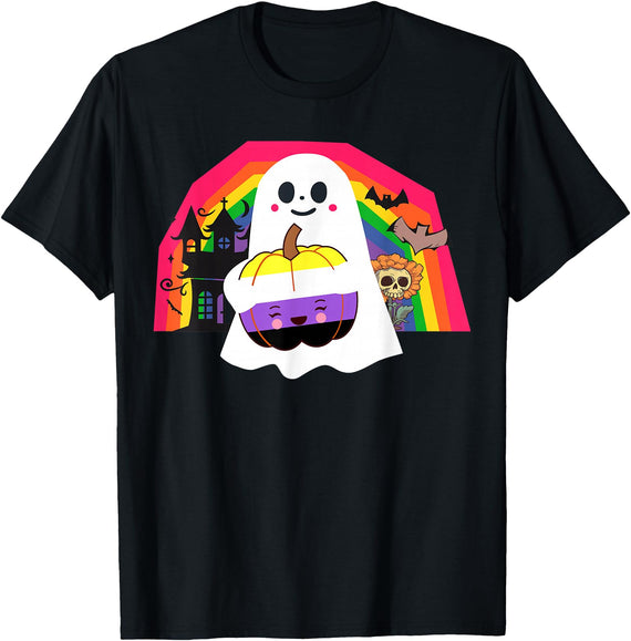 LGBTQ Nonbinary Pride Halloween Designs Non Binary LGBT Halloween Costumes Ghost Gay Nonbinary Flag T-Shirt - Black