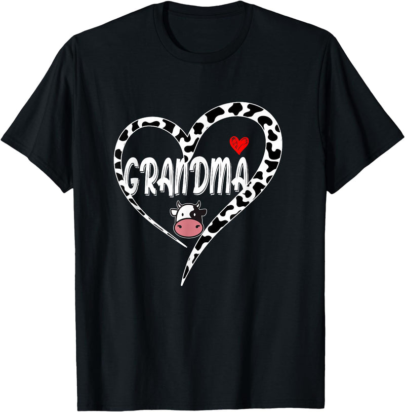 Black White Family Cow Farm Grandma Cow Print Cow Heart Pattern Farmer Cows Mother's Day T-Shirt - Black