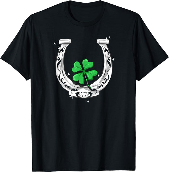 Lucky Clover Horses Co Horseshoe Lucky Four Leaf Clover Horse T-Shirt - Black