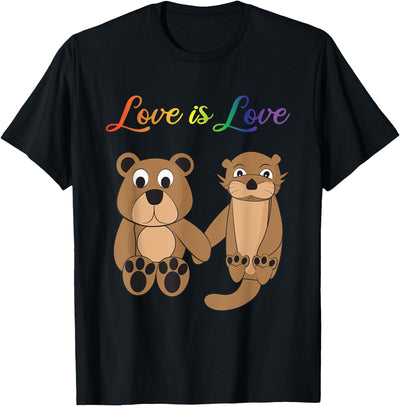 Love Is Love Bear, Otter, Rainbow LGBT Diversity Drawing T-Shirt