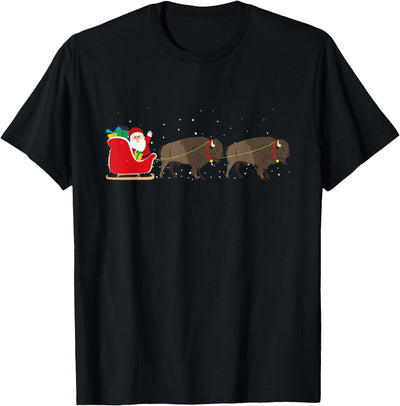Cow Buffalo Santa Christmas Sleigh Funny Buffalo Xmas T-Shirt