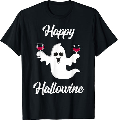 Funny Halloween Shirts Lazy Costume Party Happy Hallowine T-Shirt Wine Ghost Boos Drinking Halloween T-Shirt
