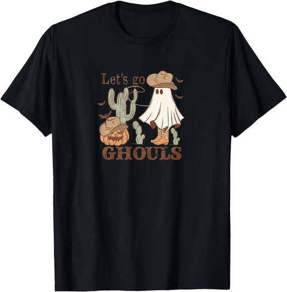 From Mars Let's Go Ghouls - Country Halloween Ghost with Cowboy Hat T-Shirt - Black