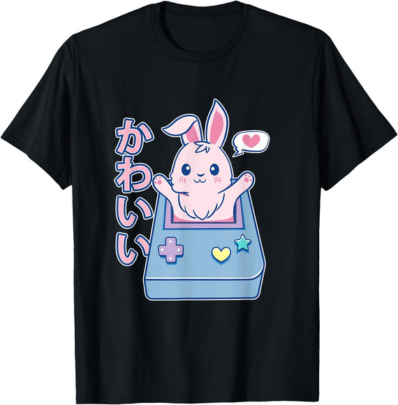 Kawaii Gamer Bunny - Rabbit Pastel Cute T-Shirt in Black