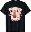 Bubbly Piglets Collection Cute kawaii cartoon pig drinking bubble tea T-Shirt - Black