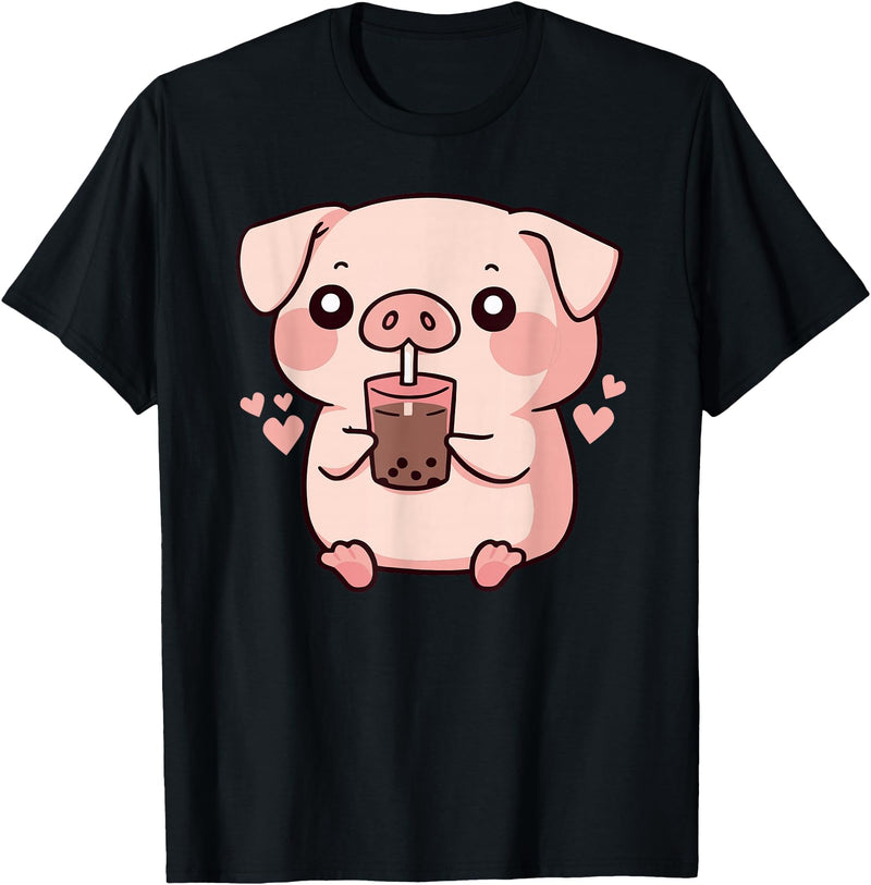 Bubbly Piglets Collection Cute kawaii cartoon pig drinking bubble tea T-Shirt - Black