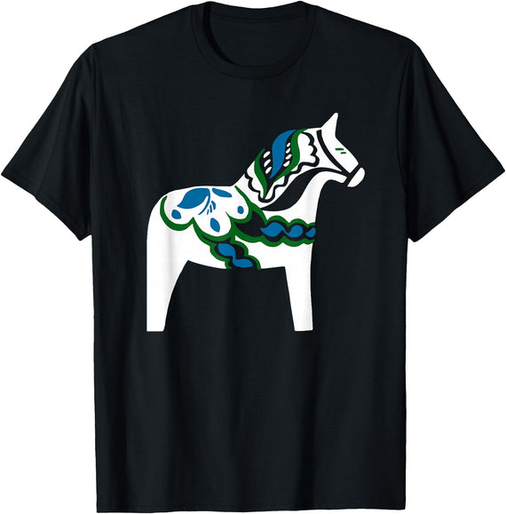Swedish Dala Horse Designs Swedish Dala Horse Sweden White Dalecarlian Horse Design T-Shirt - Black