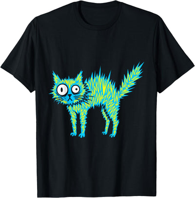Funny Scribble Cat Minimalist Line Art Sketch Spiky Blue Cat Funny Cursed Scribble Art Zoomies T-Shirt
