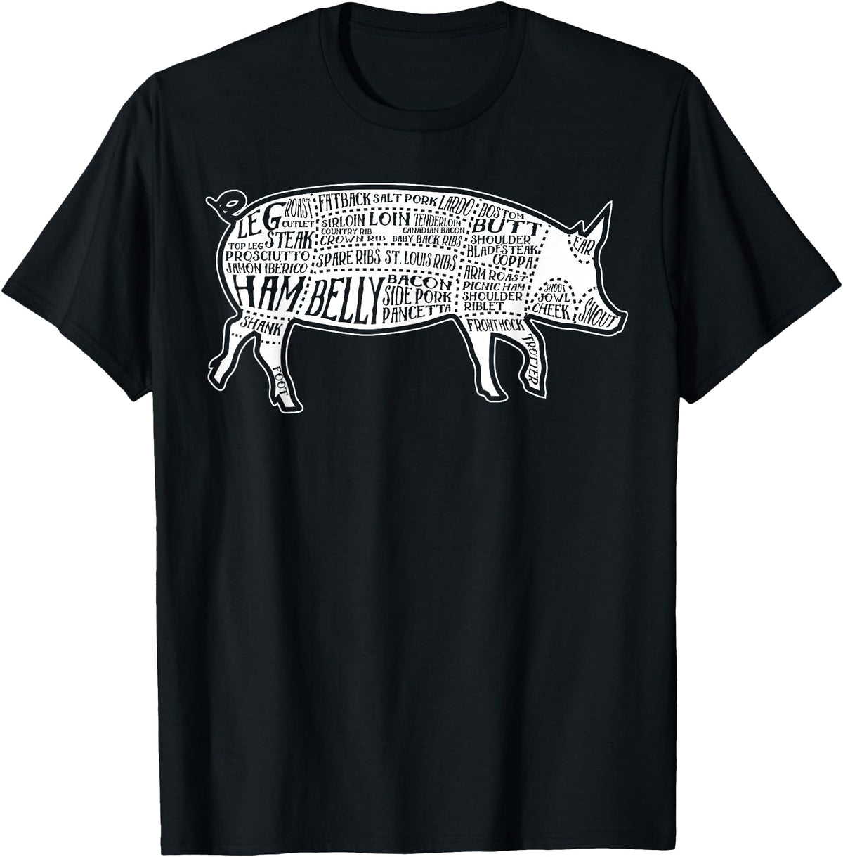 Pig Grilling Pork BBQ Bacon Lover Fun Gift Idea Lard Cuts Image Pig Parts Diagram Illustration Butcher Print T-Shirt - Black