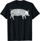 Pig Grilling Pork BBQ Bacon Lover Fun Gift Idea Lard Cuts Image Pig Parts Diagram Illustration Butcher Print T-Shirt - Black