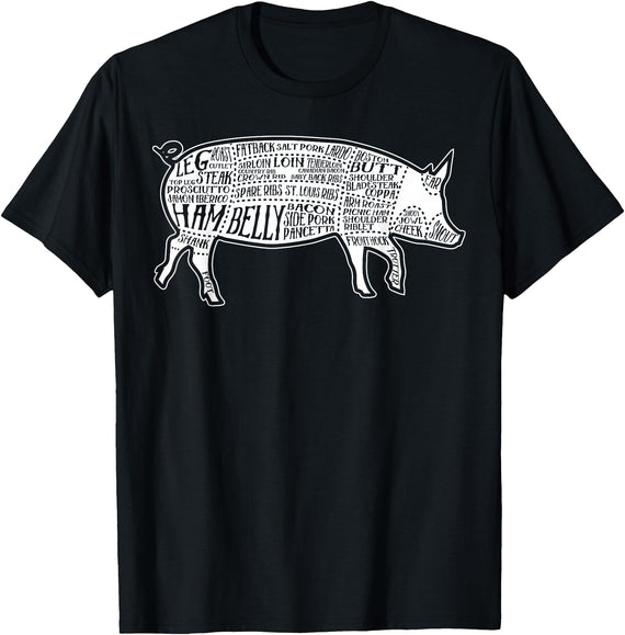 Pig Grilling Pork BBQ Bacon Lover Fun Gift Idea Lard Cuts Image Pig Parts Diagram Illustration Butcher Print T-Shirt - Black