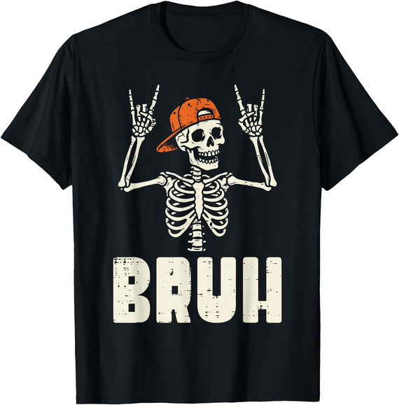 Halloween Shirts For Women Men Kids Boys Girls Halloween Skeleton Rock Hand Bruh Cool Costume Men Boys Kids T-Shirt - Black