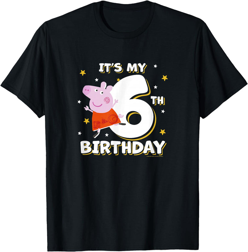 Peppa Pig It's My 6th Birthday Holiday Stars Celebration T-Shirt - Black
