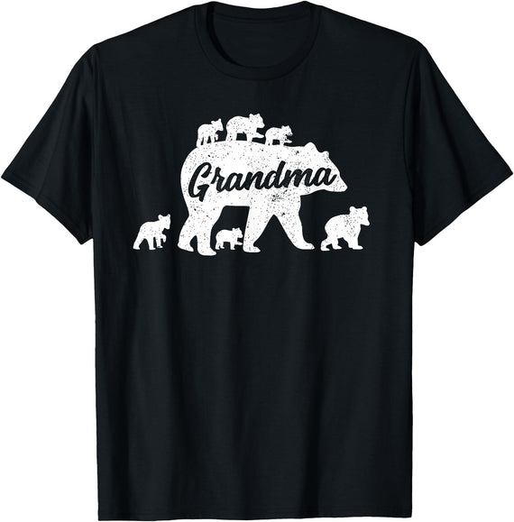 Matching Bear Family Apparel Vintage Grandma Bear with 6 Cub Mother's Day T-Shirt - Black