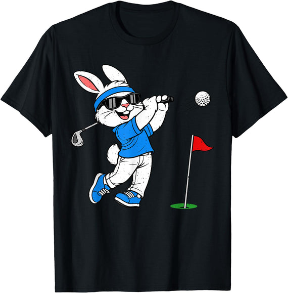 Bunny Playing Golf Golfing Rabbit Easter Sport Men Boys Kids T-Shirt in Black