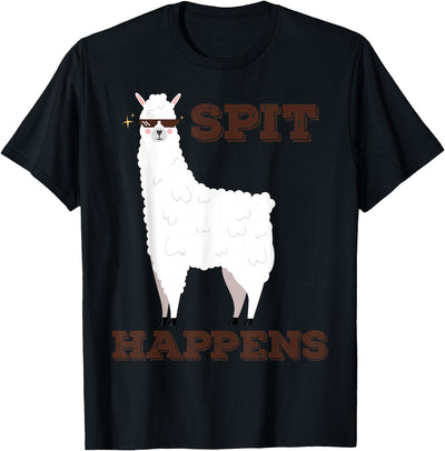 Animal Llama with Sunglasses Gift Shirts Spit Happens Funny Llama T-Shirt Cool Llama Alpaca Lover Tee for Men, Women & Kids, Black, Small, Short Sleeve, Classic Fit