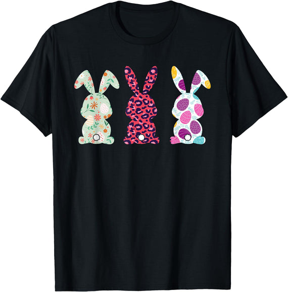 Cute Pink Leopard Eggs Flower Happy Easter Bunny Rabbit T-Shirt in Black