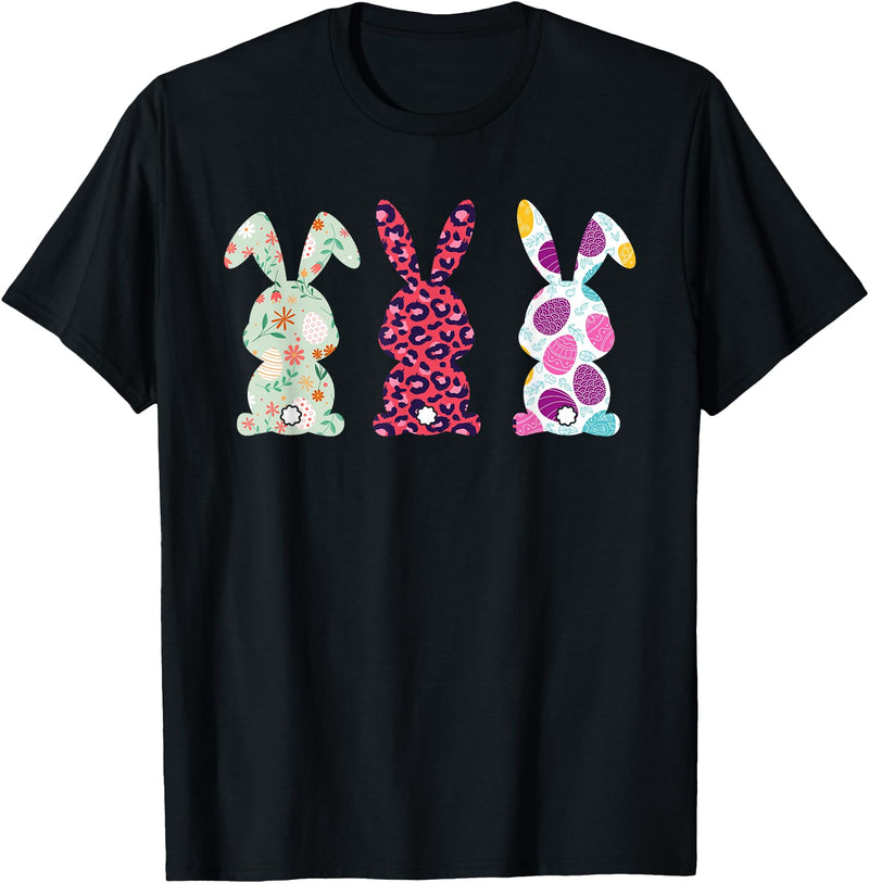 Cute Pink Leopard Eggs Flower Happy Easter Bunny Rabbit T-Shirt in Black