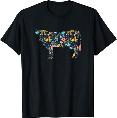 Cow Floral Silhouette Cattle Farm Lover Floral Cow T-Shirt
