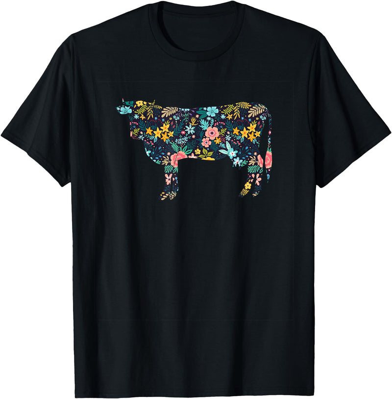 Cow Floral Silhouette Cattle Farm Lover Floral Cow Silhouette Womens Girls Cow Farm Animal T-Shirt - Black