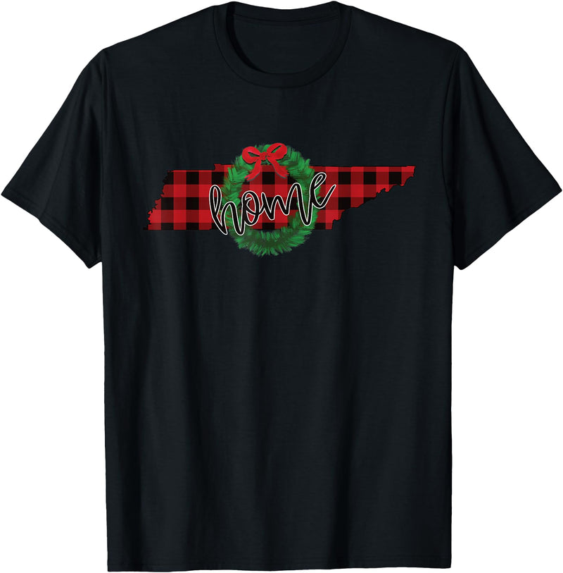USA State Tennessee Christmas Buffalo Plaid Tennessee Buffalo Plaid Christmas Home Wreath Retro T-Shirt - Black