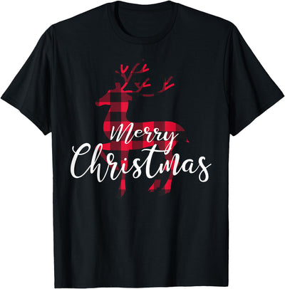 Black and Red Buffalo Plaid Rustic Deer Merry Christmas T-Shirt