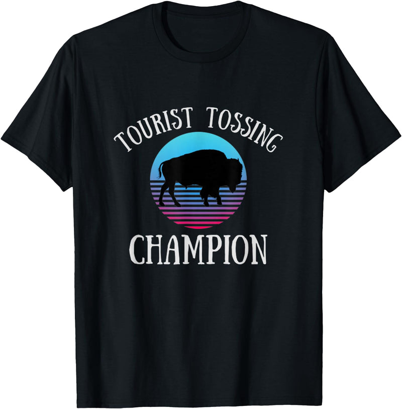 Fluffy Cows Tourist Tossing National Park Apparel Funny Bison Tourist Tossing Champion National Park T-Shirt - Black