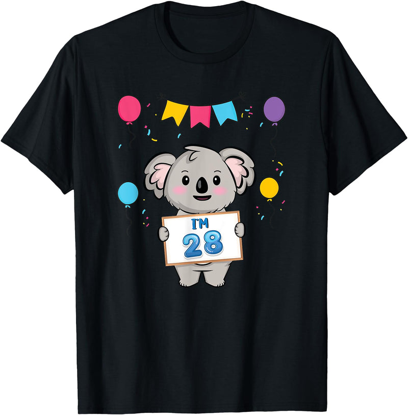 28th Koala Bear Birthday Party TShirt Co. I'm 28 Cute Koala Holding 28 Years Old 28th Birthday Outfit T-Shirt - Black
