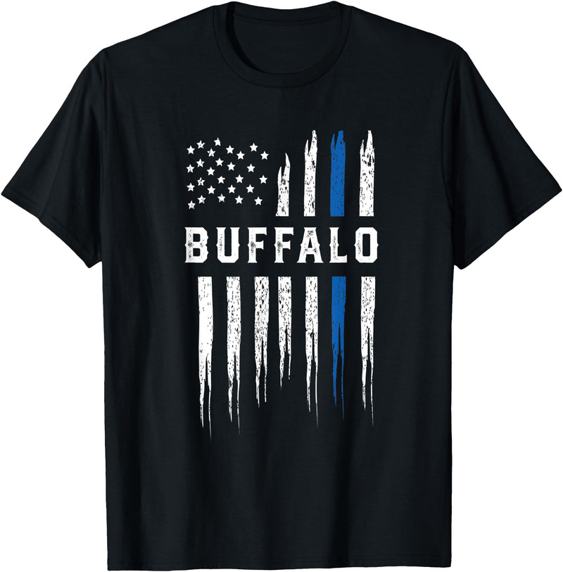 NYC Policeman American Flag Policewoman Thin Blue Line Heart Buffalo Police Officer New York Cops T-Shirt - Black