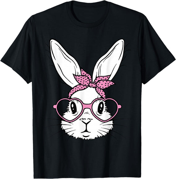 Cute Bunny Rabbit Face with Bandana Heart Glasses Easter Day T-Shirt in Black